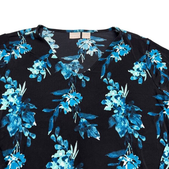 Chico's Travelers Black & Blue Floral Long Sleeve V-Neck Blouse Top Size 2 /US L - Picture 3 of 8